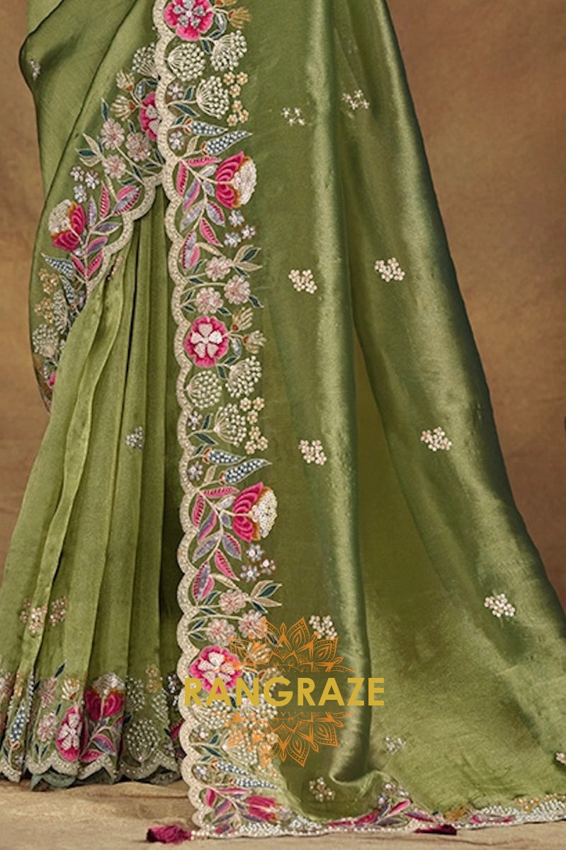 Olive Meadow Designer Hand Embroidered Saree