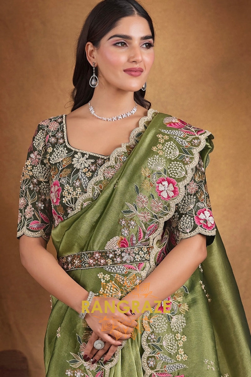 Olive Meadow Designer Hand Embroidered Saree