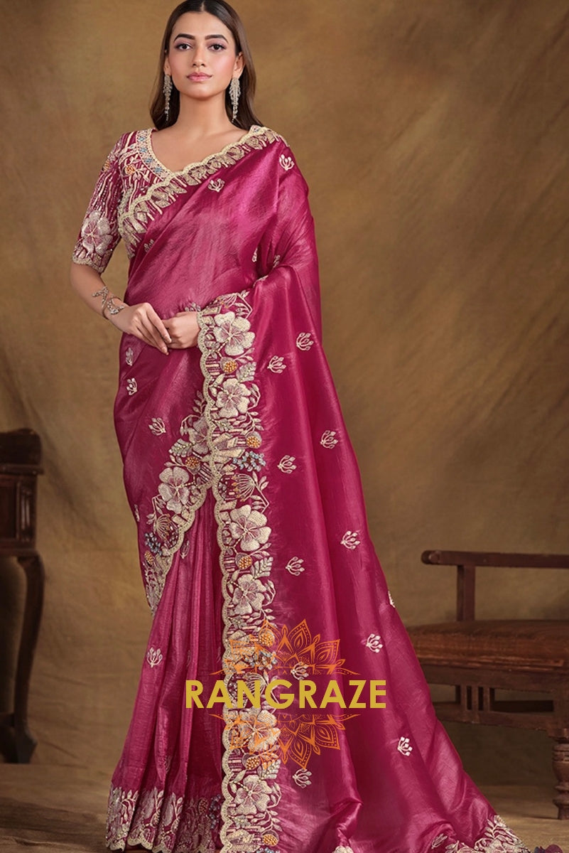Vintage Rose Designer Hand Embroidered Saree