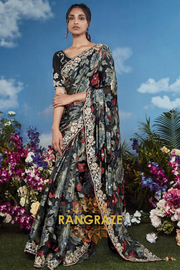 Midnight Enchantress: Handcrafted Organza Embroidered Saree