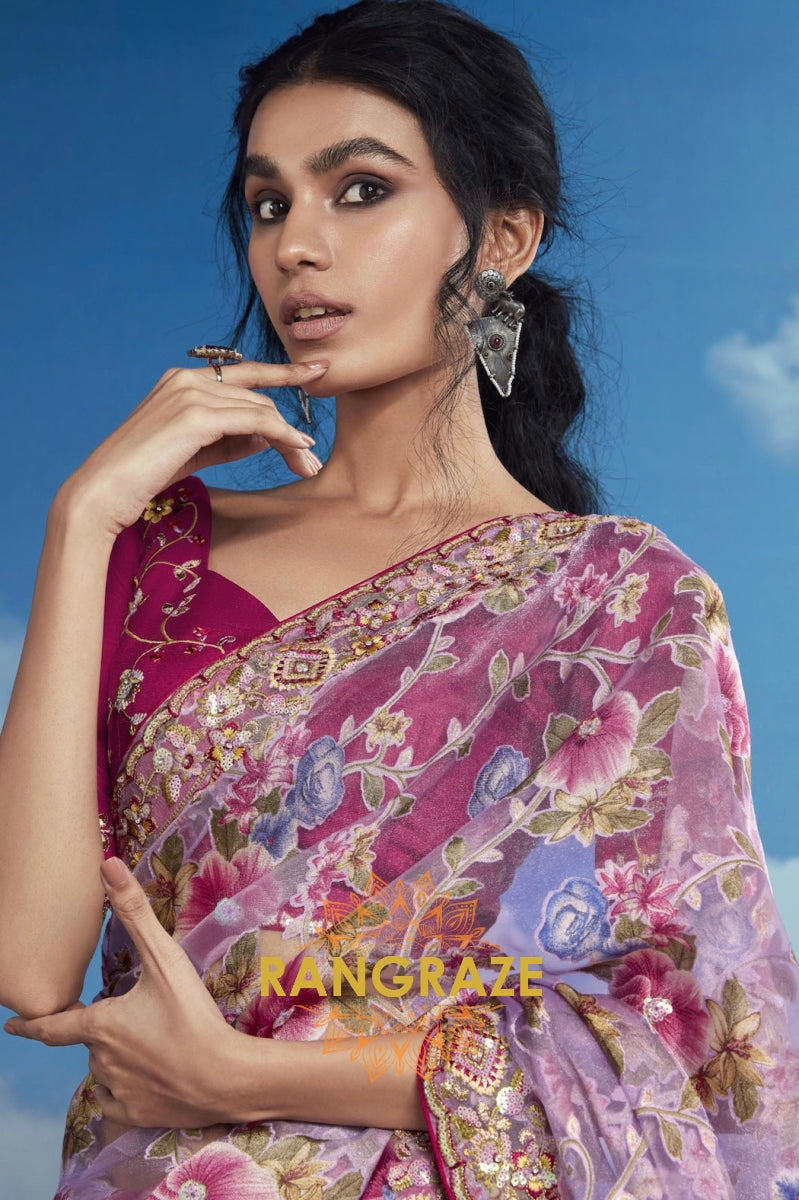 Lavender Bloom: Hand-Embroidered Organza Saree