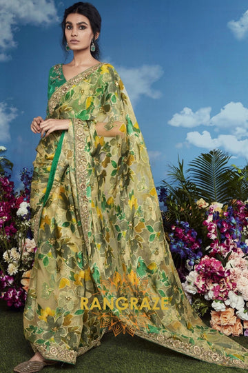 Lemon Grove Splendor: Handcrafted Floral Organza Saree