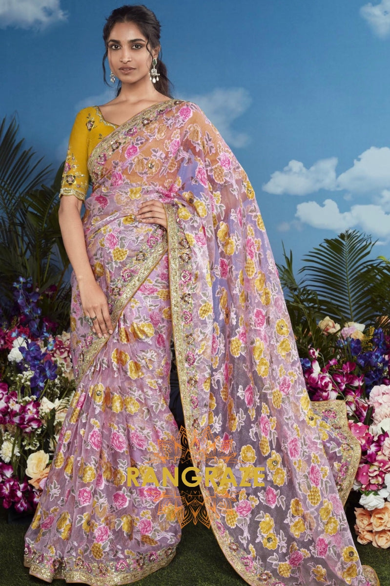 Mustard Blossom: Handcrafted Floral Embroidered Organza Saree