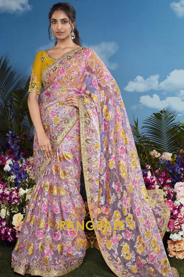 Mustard Blossom: Handcrafted Floral Embroidered Organza Saree