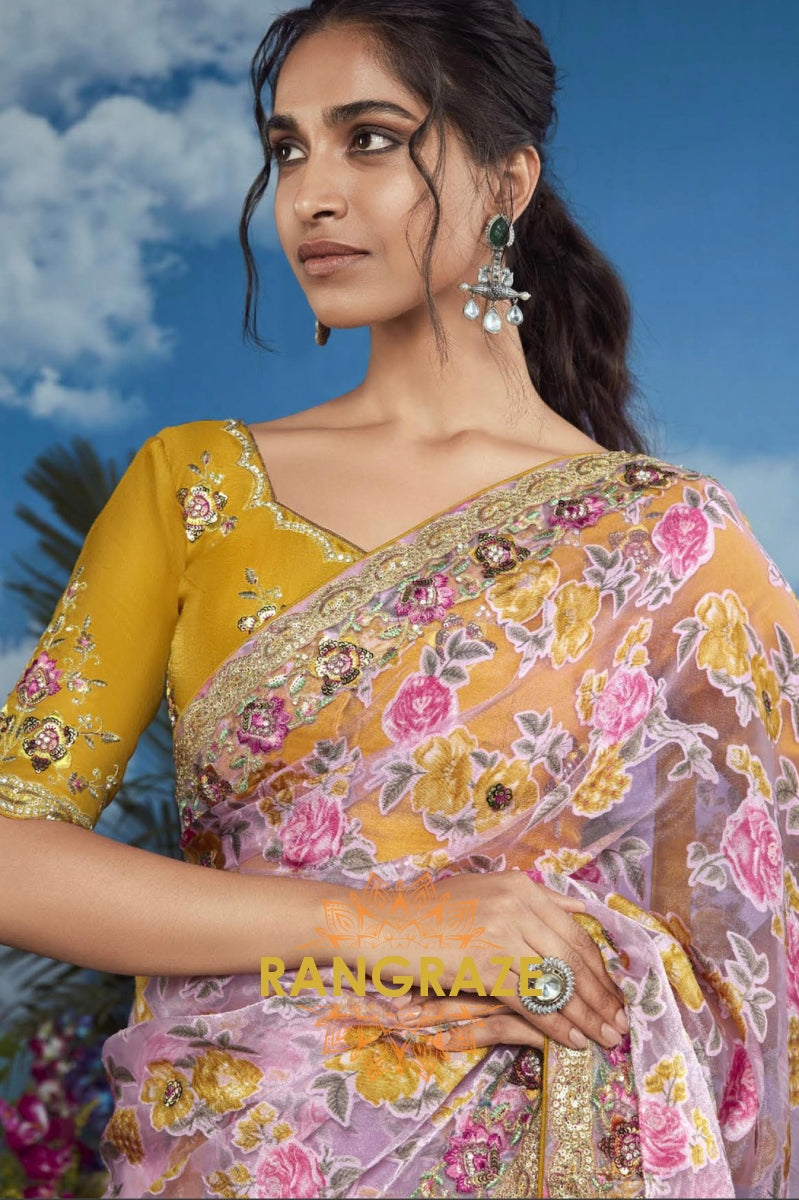 Mustard Blossom: Handcrafted Floral Embroidered Organza Saree