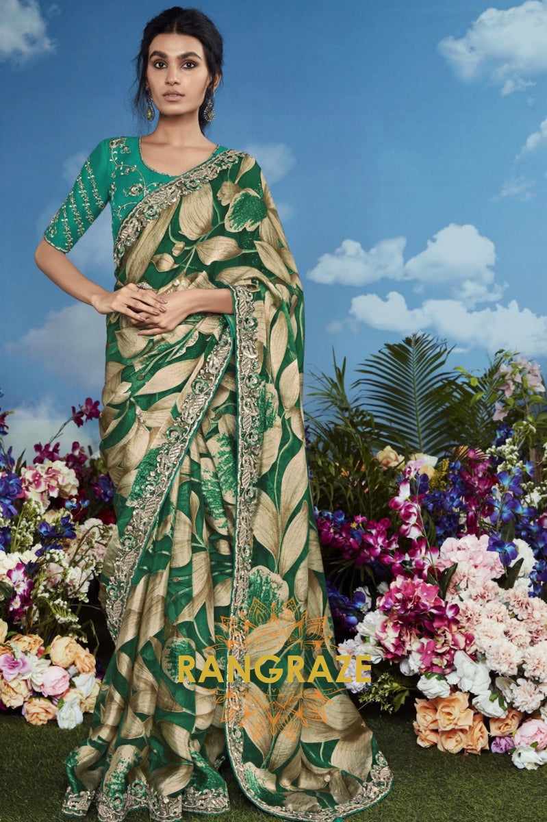 Forest Glimmer: Hand-Embroidered Organza Saree