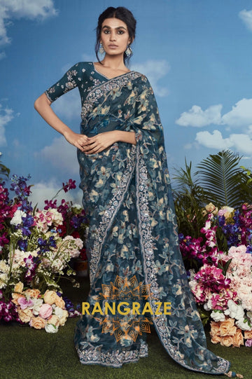 Midnight Petals: Handcrafted Embroidered Organza Saree