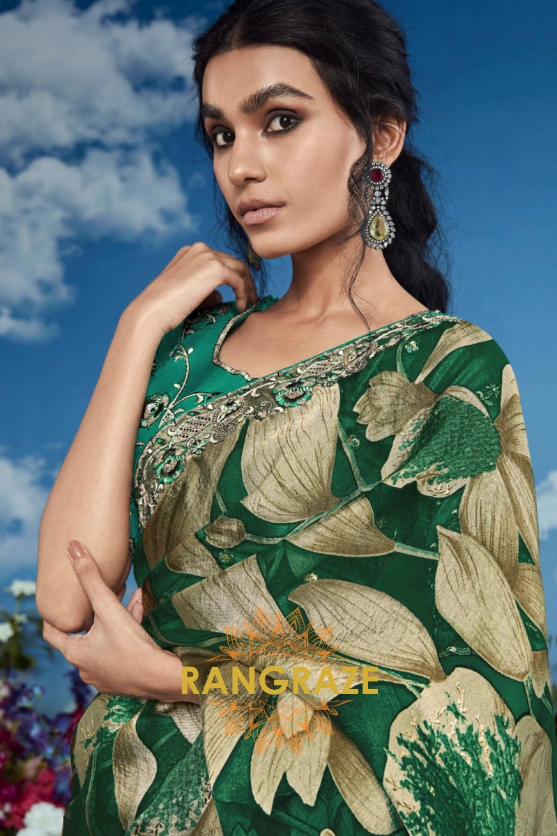 Forest Glimmer: Hand-Embroidered Organza Saree