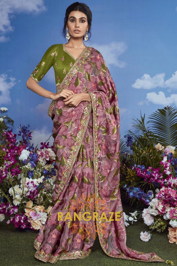 Floral Enchantment: Handwoven Embroidered Organza Saree