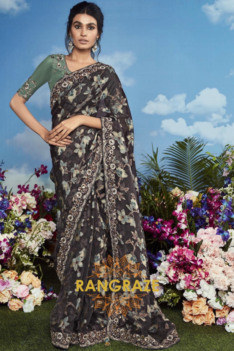 Twilight Fern: Hand-Embroidered Organza Saree