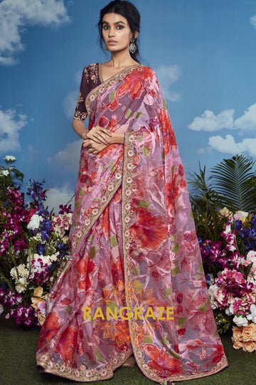 Crimson Bloom: Hand-Embroidered Saree