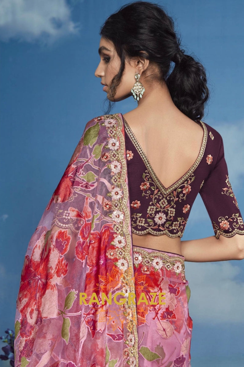 Crimson Bloom: Hand-Embroidered Saree