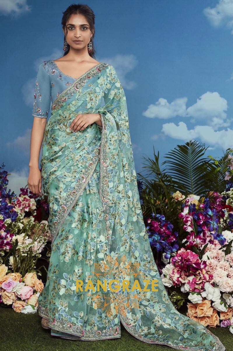 Aqua Elegance: Handcrafted Floral Organza Saree