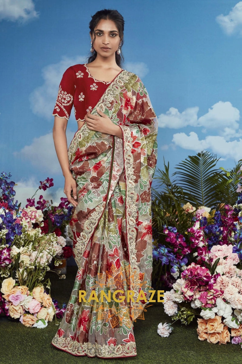 Scarlet Blossom: Handwoven Floral Embroidered Saree