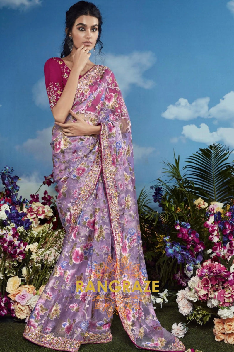 Lavender Bloom: Hand-Embroidered Organza Saree