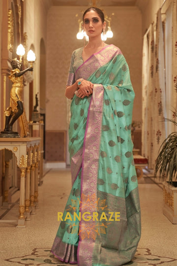 Turquoise Pristine Banarasi Linen Woven Silk Saree