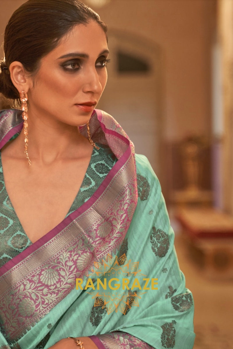 Turquoise Pristine Banarasi Linen Woven Silk Saree