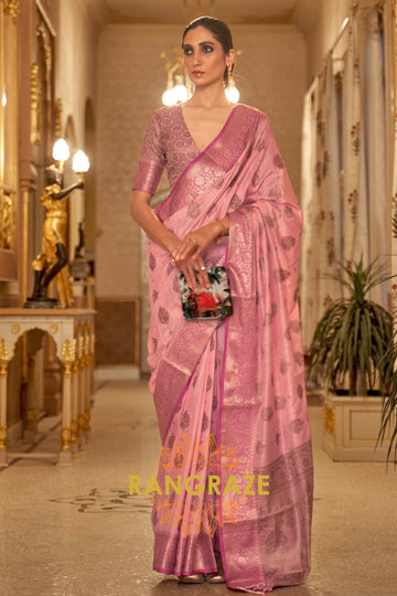 Pristine Pink Banarasi Linen Woven Silk Saree