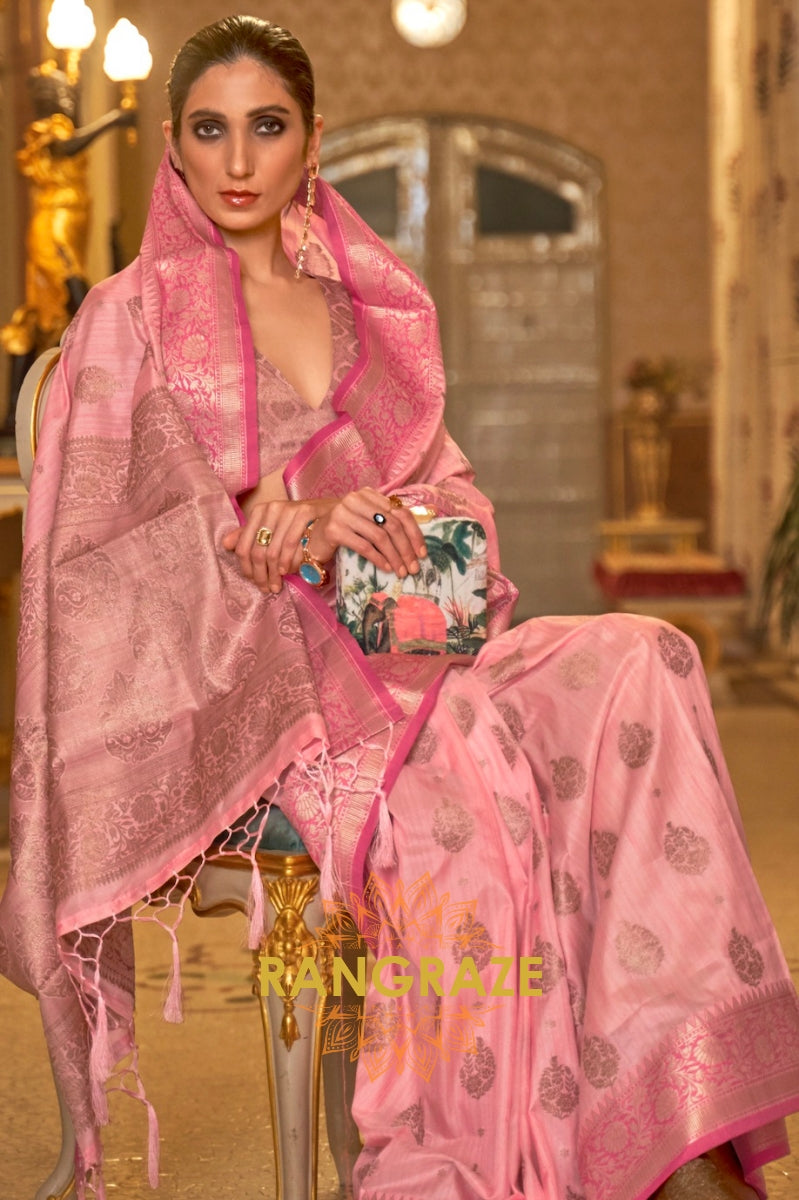 Pristine Pink Banarasi Linen Woven Silk Saree