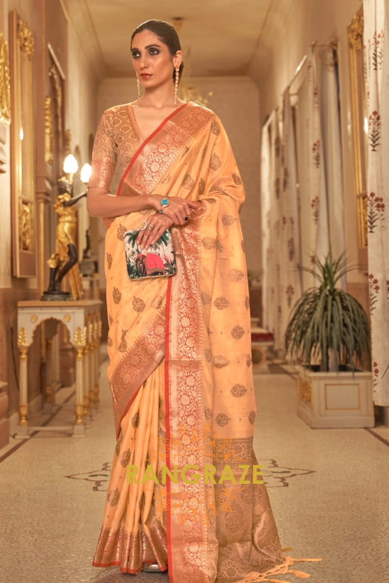 Golden Yellow Banarasi Linen Woven Silk Saree