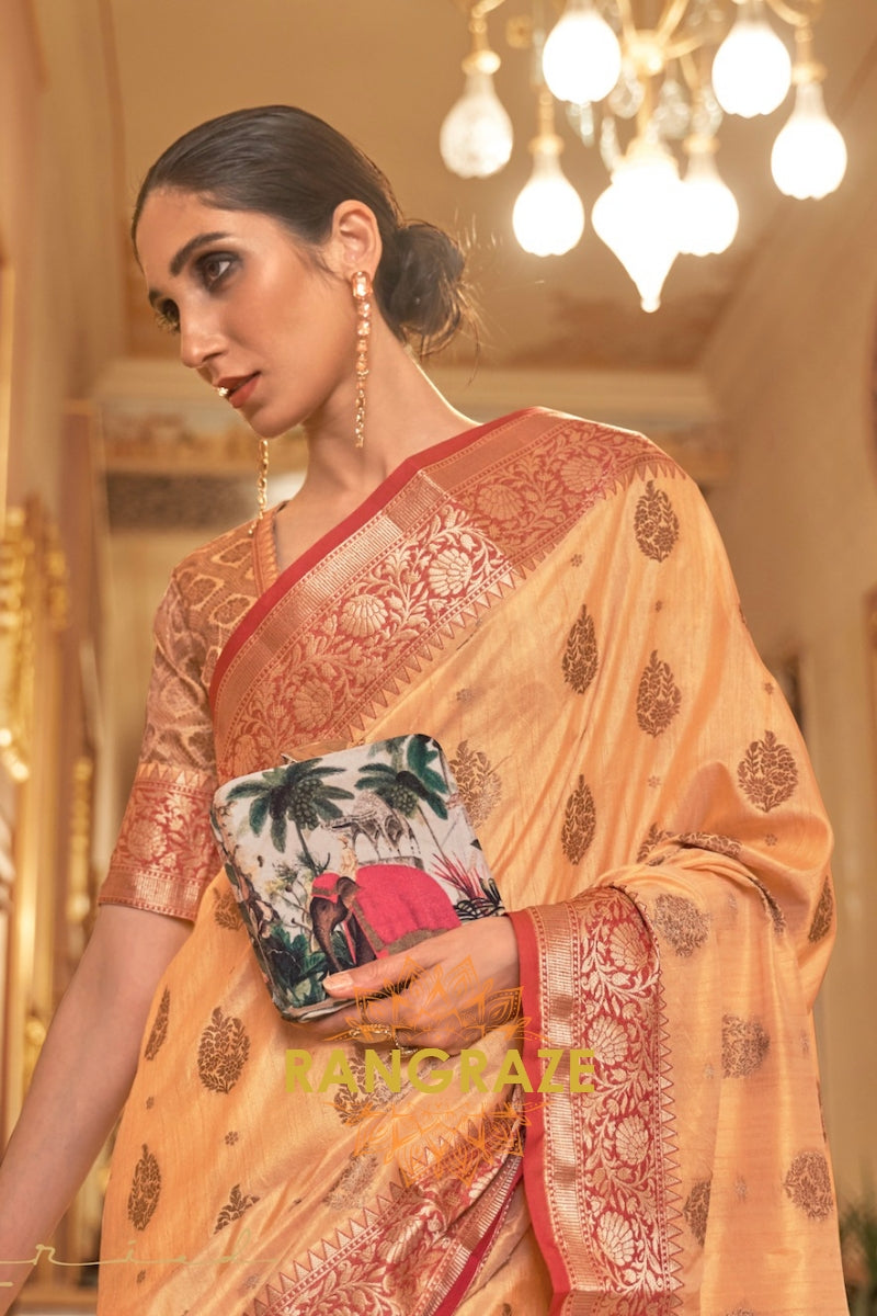 Golden Yellow Banarasi Linen Woven Silk Saree