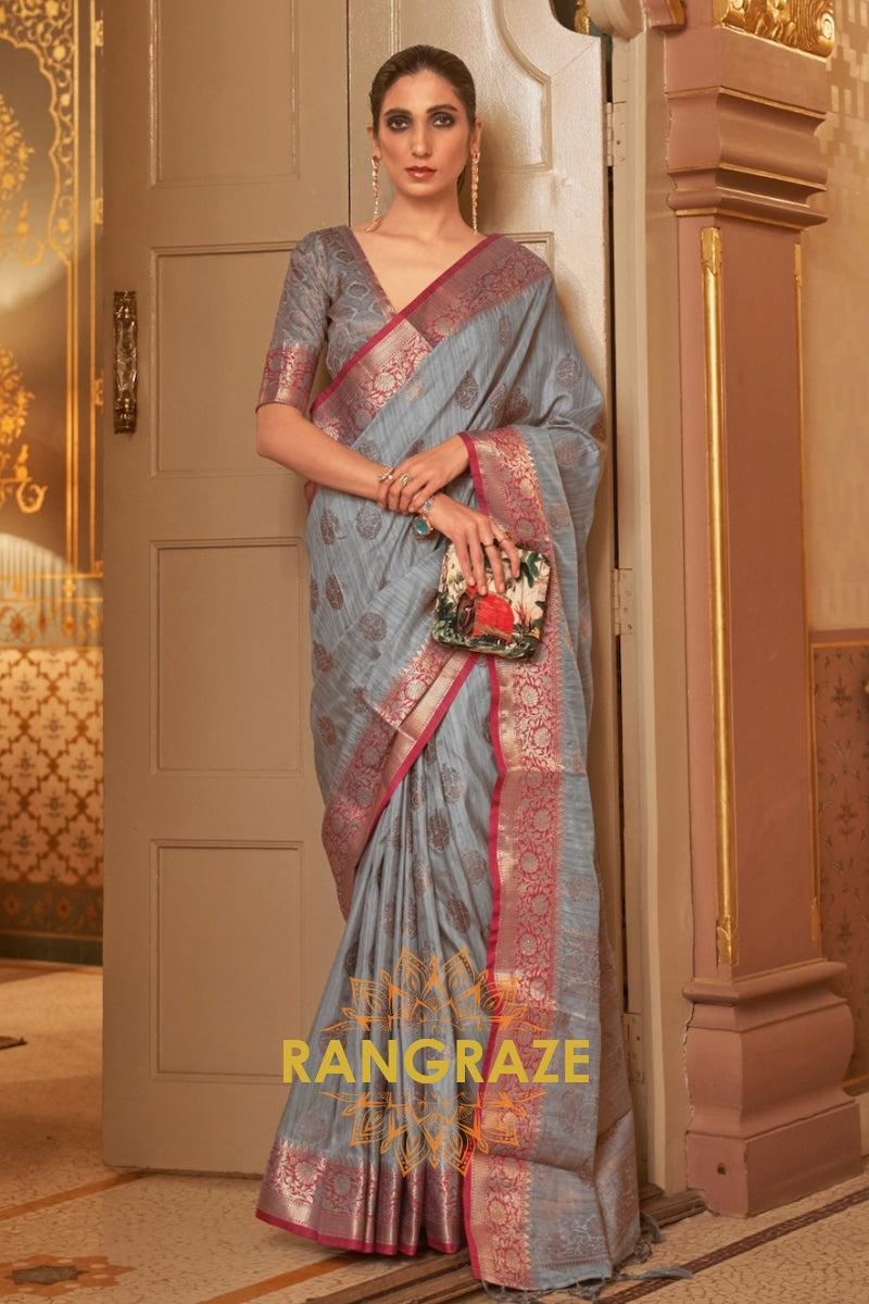 Charcoal Grey Banarasi Linen Woven Silk Saree