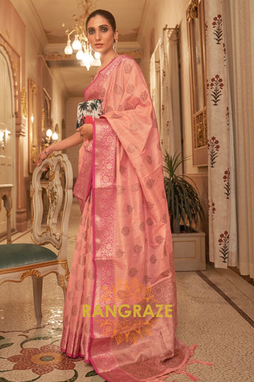 Royal Rose Pink Banarasi Linen Woven Silk Saree