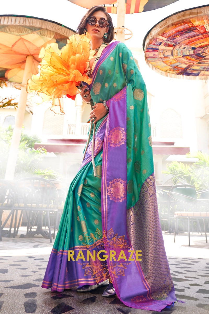 Green and Purple Two-Tone Contrast Handloom Silk Saree