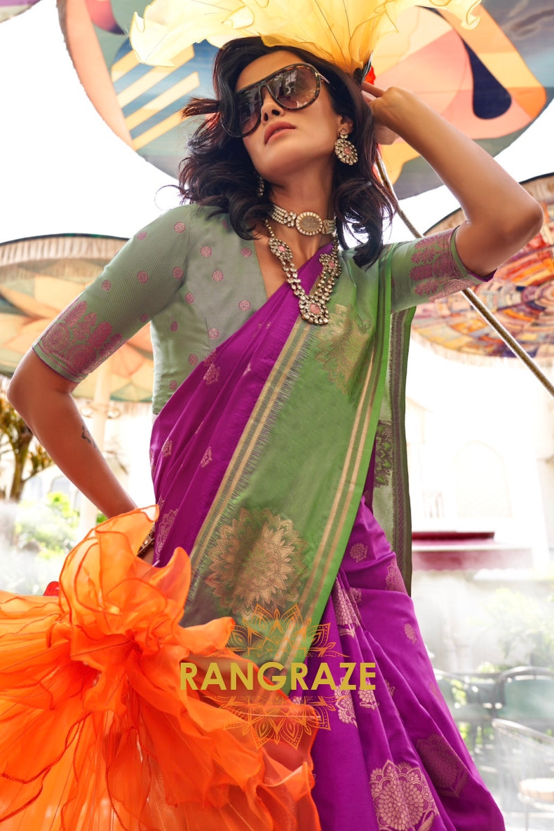 Purple and Green Two-Tone Contrast Handloom Silk Saree