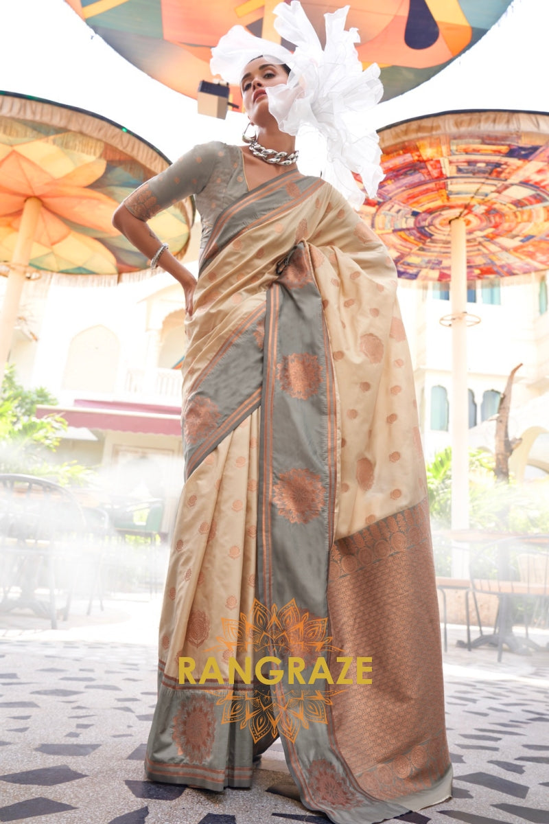 Off-White and Grey Two-Tone Contrast Handloom Silk Saree