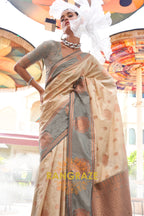 Off-White and Grey Two-Tone Contrast Handloom Silk Saree