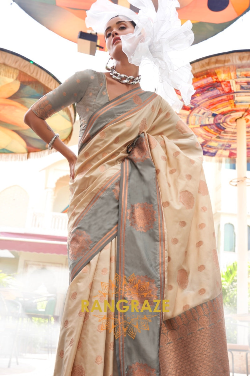 Off-White and Grey Two-Tone Contrast Handloom Silk Saree