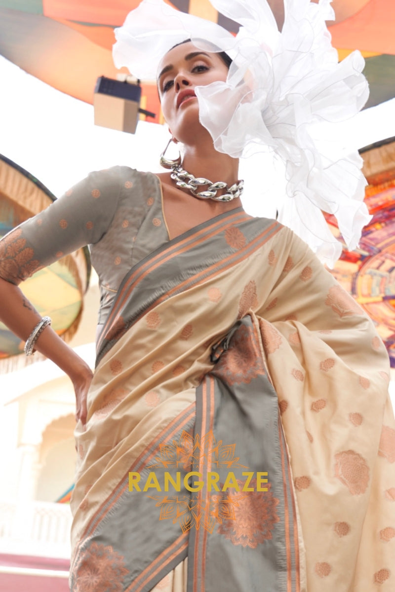 Off-White and Grey Two-Tone Contrast Handloom Silk Saree