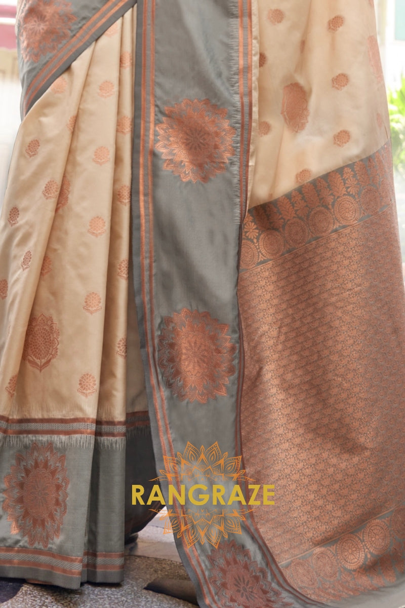 Off-White and Grey Two-Tone Contrast Handloom Silk Saree