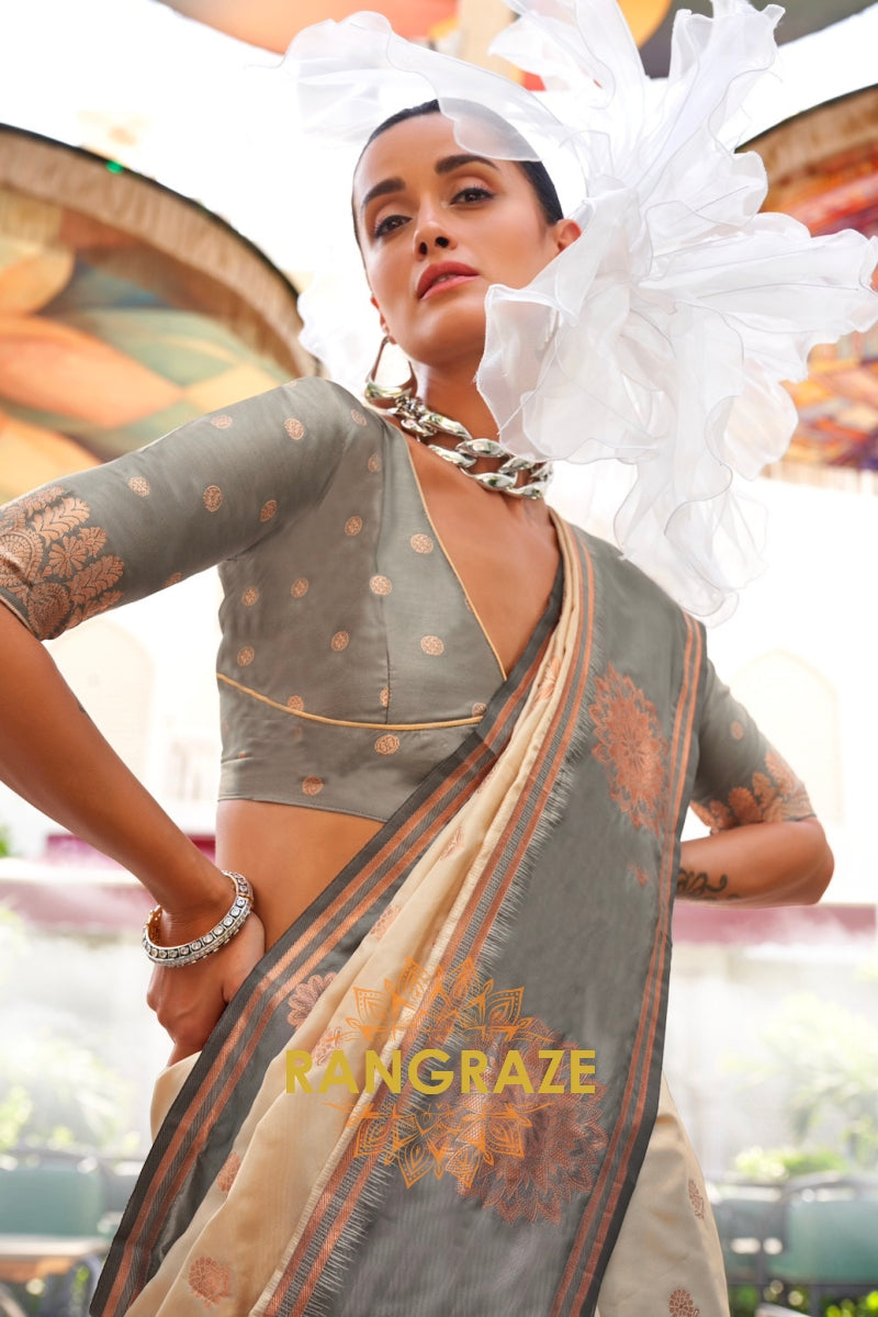 Off-White and Grey Two-Tone Contrast Handloom Silk Saree