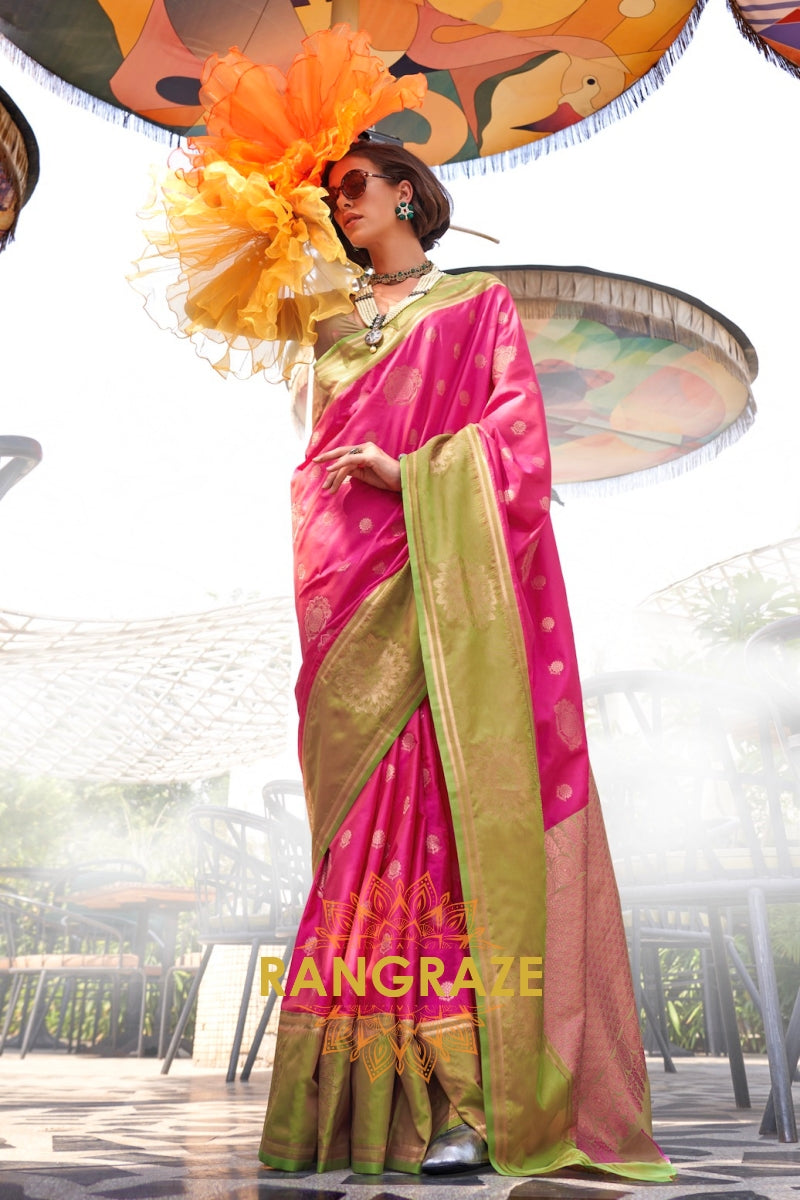 Magenta and Olive Green Two-Tone Contrast Handloom Silk Saree