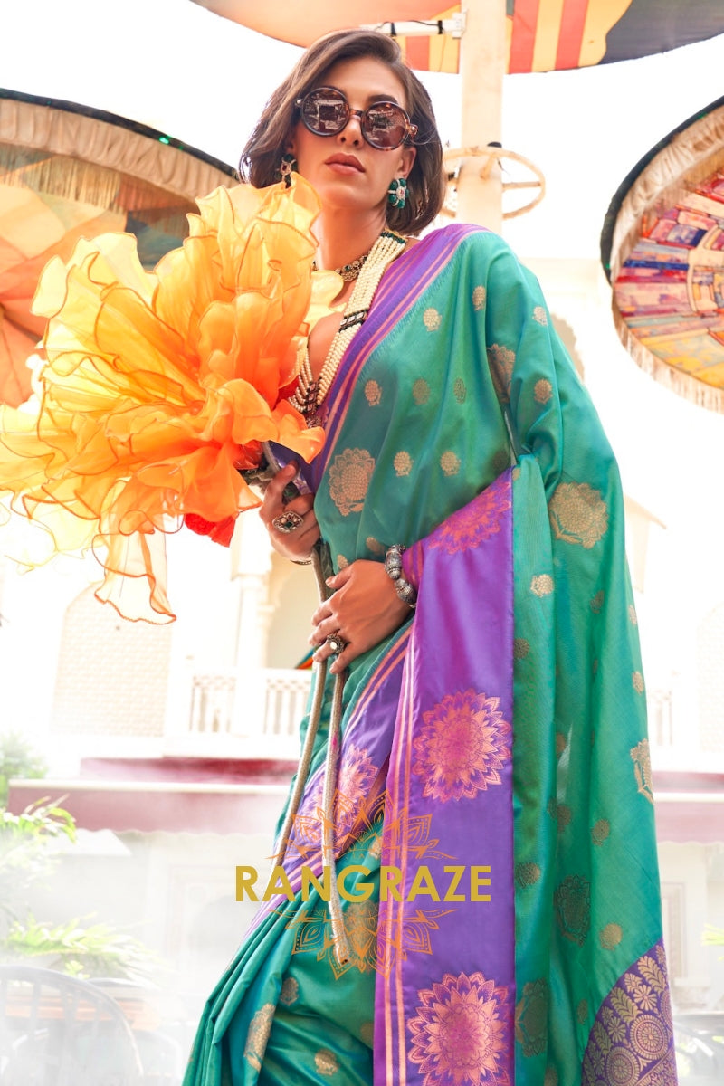 Green and Purple Two-Tone Contrast Handloom Silk Saree