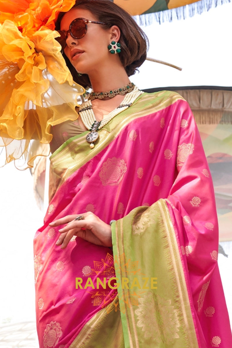 Magenta and Olive Green Two-Tone Contrast Handloom Silk Saree