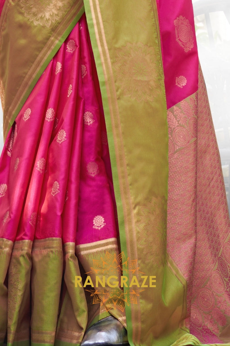 Magenta and Olive Green Two-Tone Contrast Handloom Silk Saree