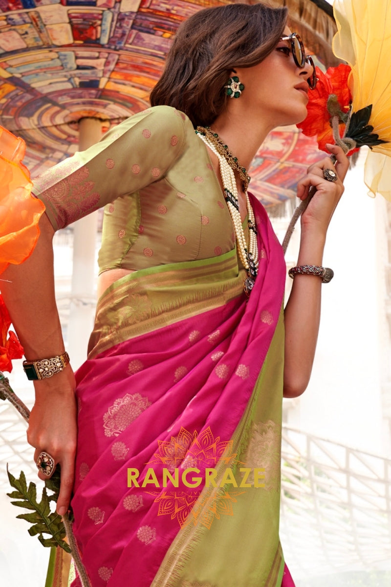 Magenta and Olive Green Two-Tone Contrast Handloom Silk Saree