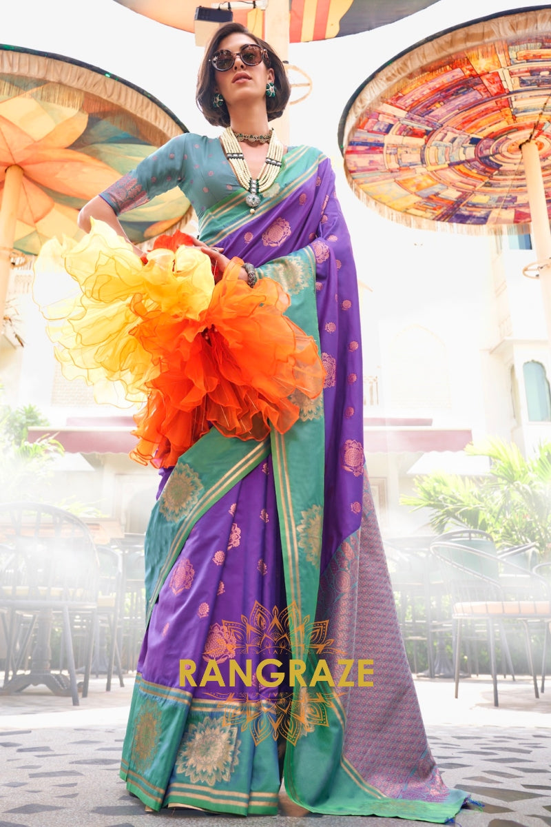 Purple and Turquoise Two-Tone Contrast Handloom Silk Saree