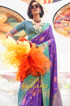Purple and Turquoise Two-Tone Contrast Handloom Silk Saree