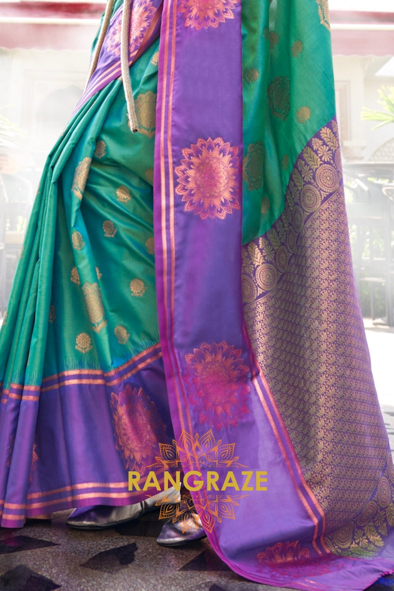 Green and Purple Two-Tone Contrast Handloom Silk Saree