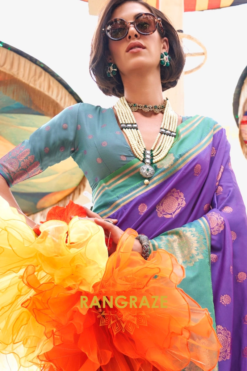 Purple and Turquoise Two-Tone Contrast Handloom Silk Saree