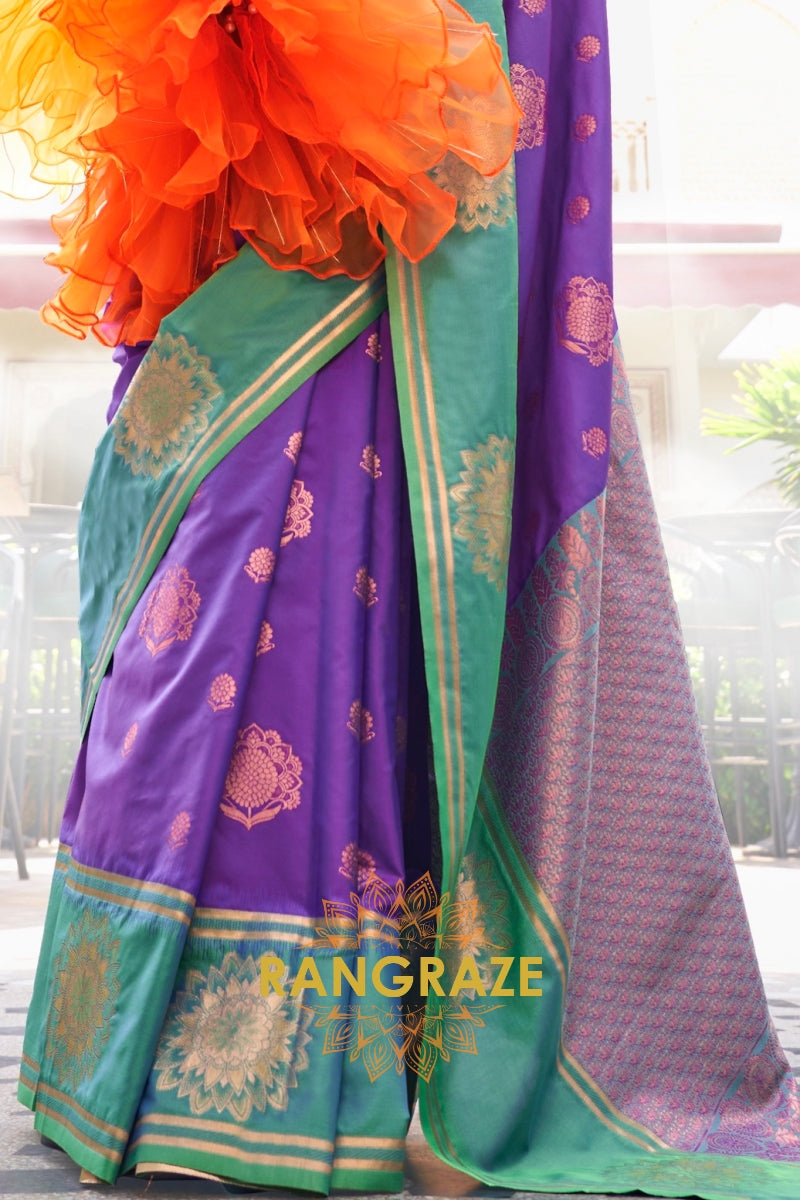 Purple and Turquoise Two-Tone Contrast Handloom Silk Saree