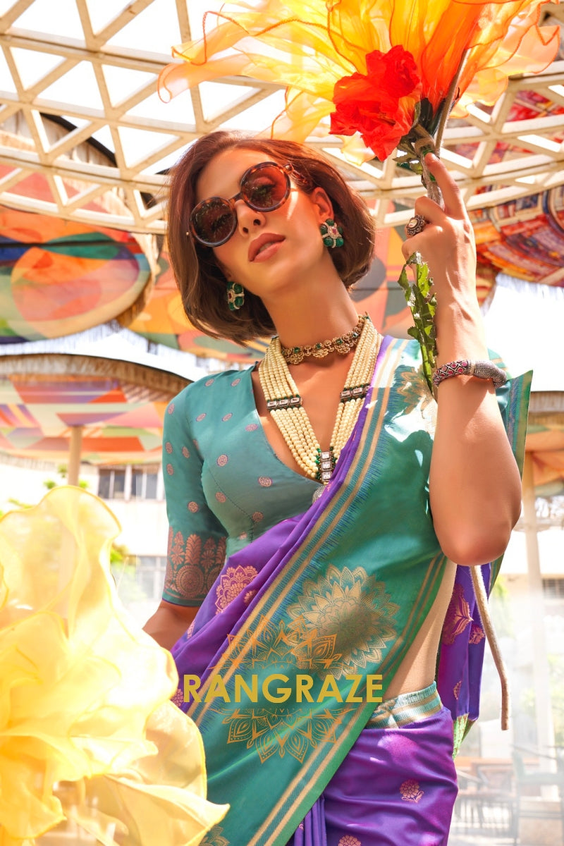 Purple and Turquoise Two-Tone Contrast Handloom Silk Saree