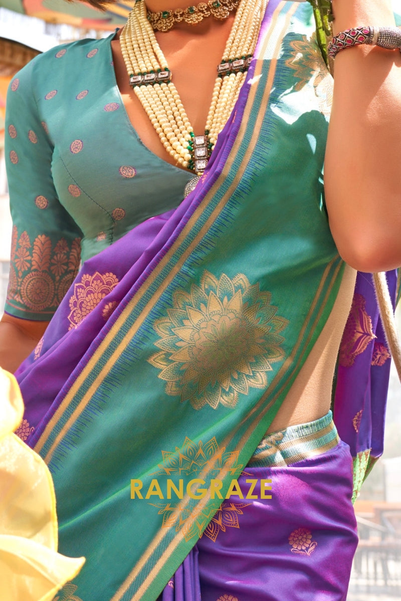 Purple and Turquoise Two-Tone Contrast Handloom Silk Saree