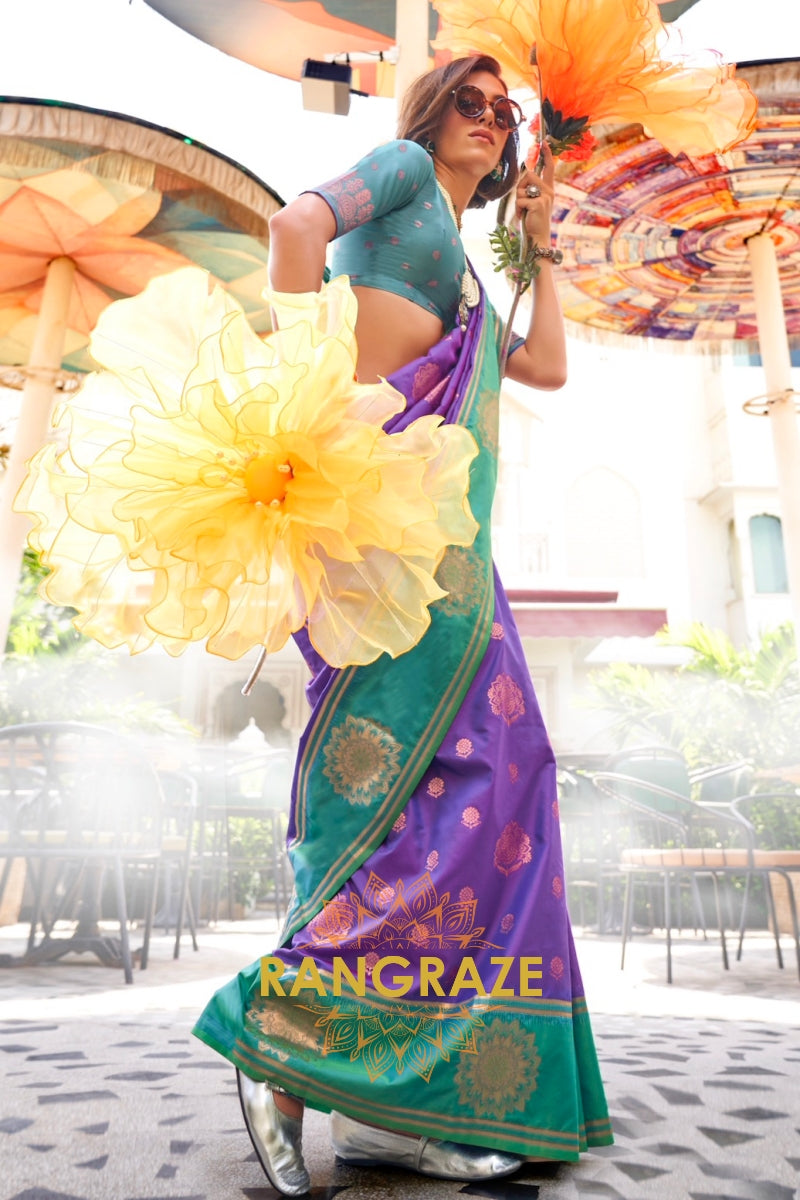 Purple and Turquoise Two-Tone Contrast Handloom Silk Saree