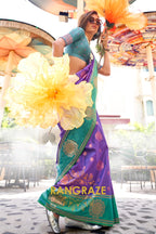 Purple and Turquoise Two-Tone Contrast Handloom Silk Saree