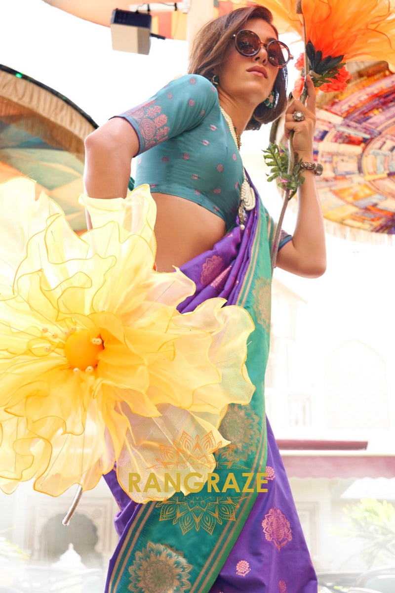 Purple and Turquoise Two-Tone Contrast Handloom Silk Saree